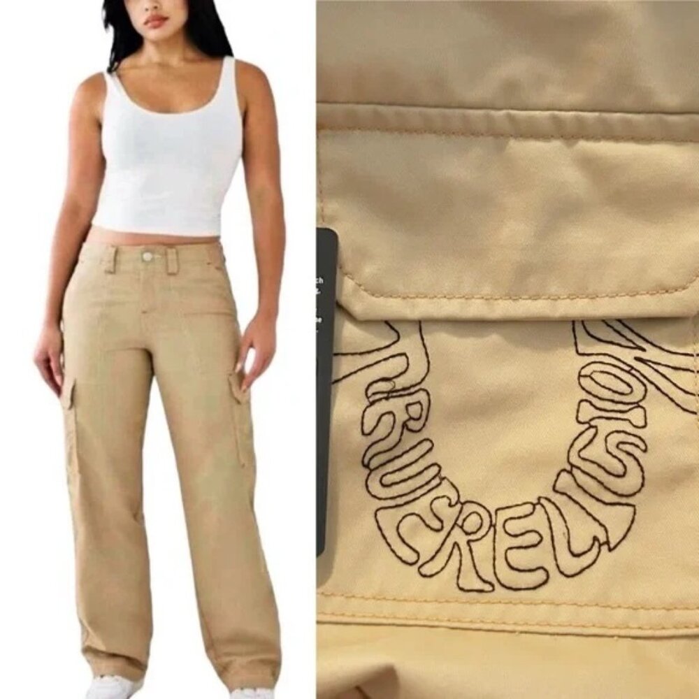 NWT True Religion Travertine Tan HS Cargo SN Pants Straight Leg Relaxed Fit 28